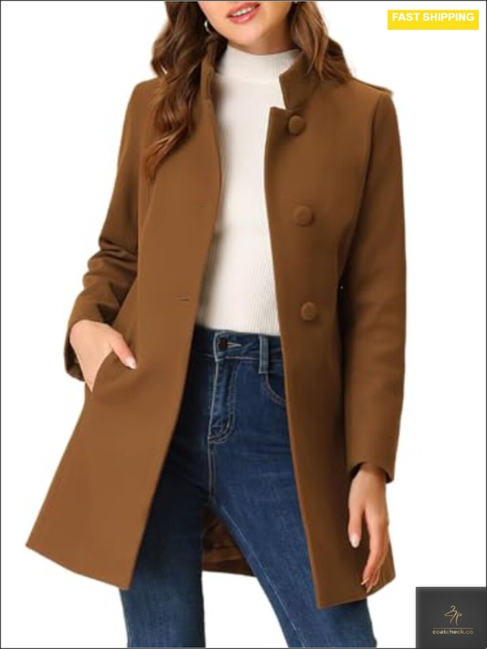 Women's Wool Blend Stand Collar Single Breasted Pea Coat Slim Fit Mid-Long